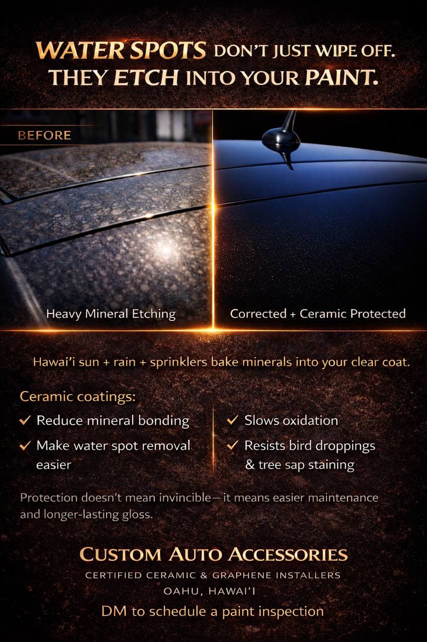 Heavy mineral water spots etched across vehicle paint